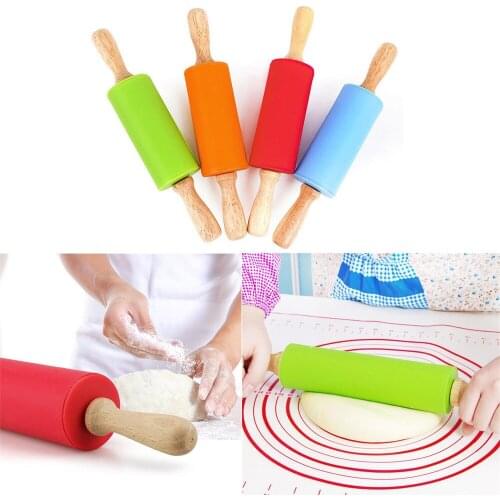 Wooden Handle Silicone Rolling Pin Kid Kitchen Cooking Baking Tools For Pasta Cookie Dough Pastry Bakery Noodle Kitchens Rollers
