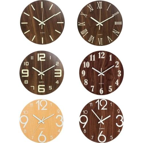 Modern Wooden Luminous Wall Clock 12'' Silent Glow in Dark Clocks Home Decor