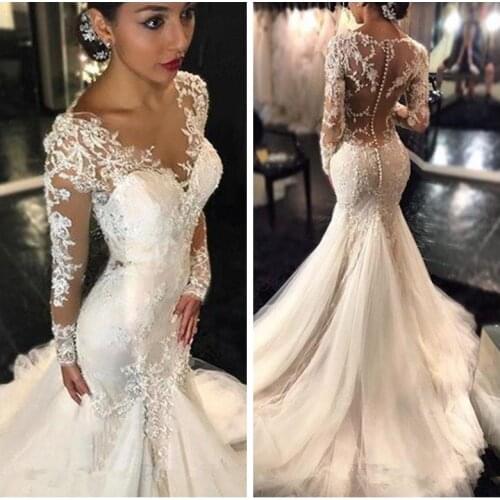 Gorgeous Lace Mermaid Wedding Dress Dubai African Arabic Long Sleeves Slim Fishtail Bridal Gowns