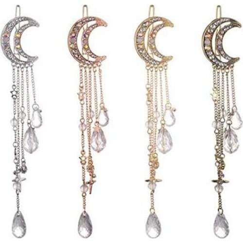 Romantic Crescent Moon Star Crystal Dangle Hairpin Rhinestone Beads Hair Clips Bridal Jewelry Tassel Drop Hair Pins Bobby Pins