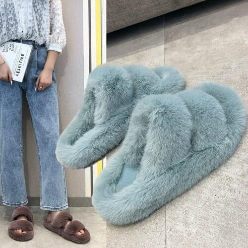 Mr Co Fluffy Home Slippers Women Faux Fur Slippers Cozy Furry Slides Open Toe Slip On Soft Slippers House Floor Plush Warm Shoes