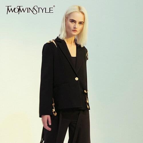 TWOTWINSTYLE Casual Patchwork Metal Pin Blazer For Women Notched Long Sleeve Black Blazers Female Spring New Clothing 2021 Tide