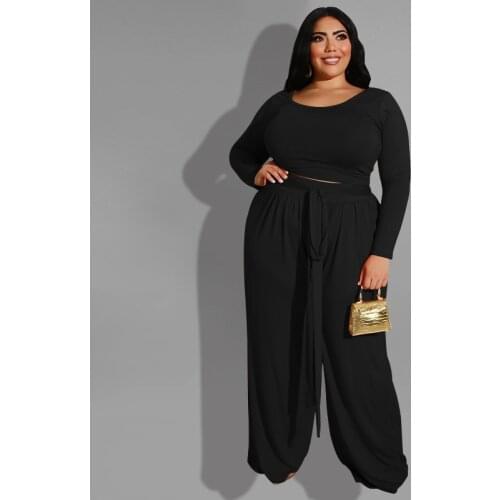 Plus Size Women long sleeve o-neck crop top wide leg pants 2 piece set for female women tops pants two pieces sets womens suits