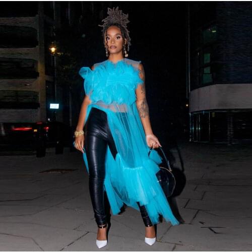 Light Blue RufflesTulle Tops Long Shirt Women Female Tops Shirts Ruffles Mesh Tulle Fashion Women Outfit Wear Sexy