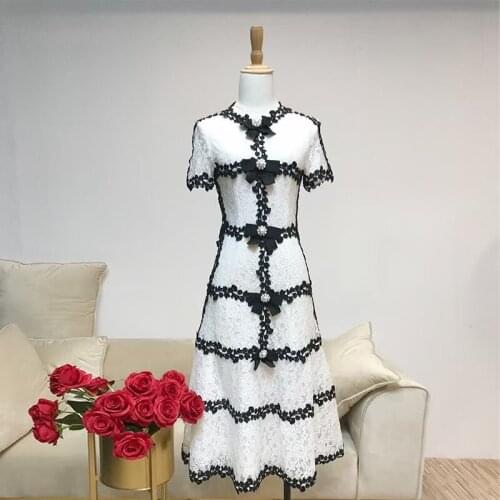 New Summer Women Short Sleeve Slim Long Dress High Quality Beading Bow Black White Lace Patchwork Runway Dress