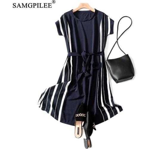 Elegant Dresses For Women 2021 Korean Style Office Lady A-line Striped Patchwork Short Sleeve Knee-length O-neck Woman Dress