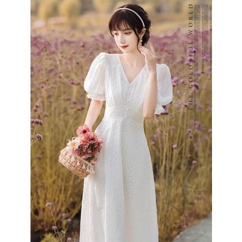 2021 Summer New Girly Womens Puff Sleeve v-Neck Short-Sleeved Dress Is Thin And Temperament Wedding Party Long White Dress