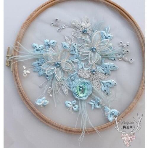 1 Piece 22*25cm 3D Feather Applique Beautiful Blue Pink Lace Applique Embellishment Lace Flower Patch