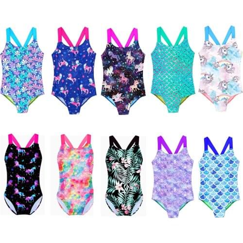 2021 Kids Girls Summer Monokini Swimwear Sleeveless Wide Shoulder Straps Printed Swimsuit Children Swimming Outfit Beachwear