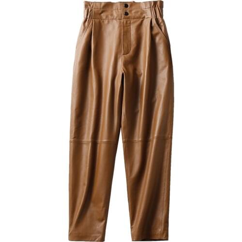 Genuine leather pants women winter 2020 new fashion elastic high waist pants women plus size harem pants casual trouser female