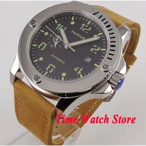43mm Parnis Miyota japan waterproof sapphire glass black dial luminous date 24 hours display automatic mens watch back through