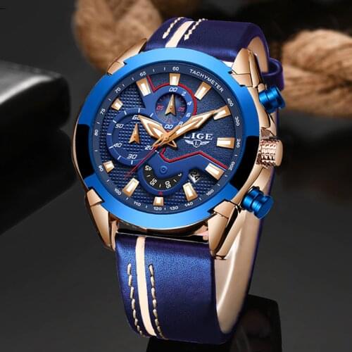 LIGE New Mens Watches Top Luxury Quartz Watch Blue Casual Leather Military Watch Men Waterproof Sport Clock Relogio Masculino