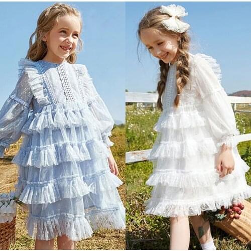 2021 Trendy Childrens Clothing White Summer Birthday Dress Casual Mesh Tulle Long Sleeve Dress Ball Gown Vestidos De Verano
