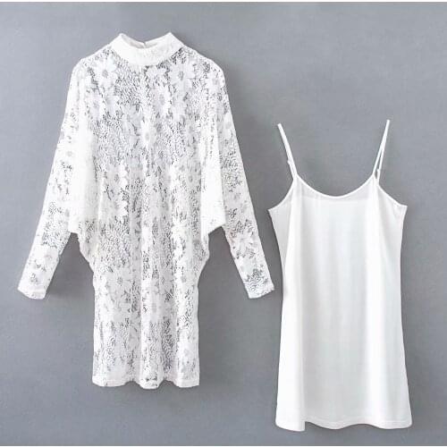 Elegant Two Piece Dress Set Lace See Through White Long Sleeve Woman Dresses 2020 Spring Summer Sexy Autumn