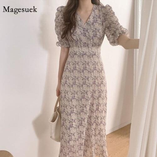 V-neck Elegant High Waist 2020 Summer Korean Style Retro Floral Print Short Sleeve Fashion Casual Ankle-length Dresses 9813