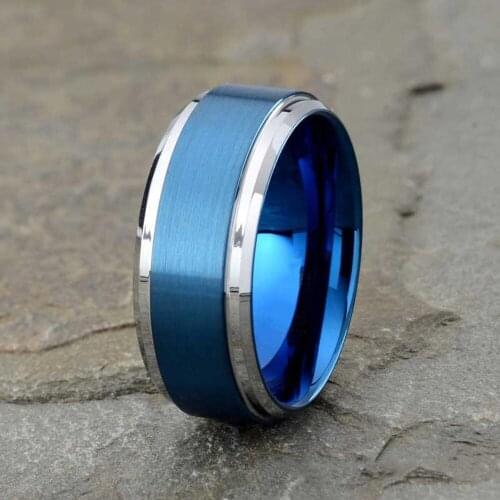 8mm Mens Blue Stainless Steel Ring Trendy Blue Brushed Beveled Edge Ring Men Wedding Band Jewelry Accessories Size 6-13