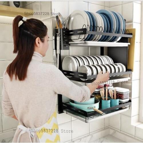 Punch-free dish rack wall-mounted drying dishes drain rack plate tableware storage box stainless steel kitchen rack