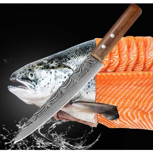 Laser Damascus Chef Knives Japanese Salmon Sushi Knives Stainless Steel Sashimi Kitchen Knife Raw Fish Fillet Layers Cooki Knife