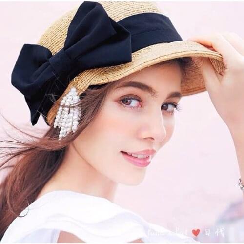 Raffy grass equestrian hat polka dot bow pearl chain baseball cap wild straw hat