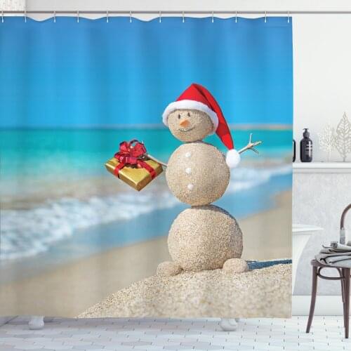 Christmas Shower Curtain Set Snowman from Sand in Ocean Coast Curtain for Bathroom Decor 12 Hooks Decorative Bath Accessory
