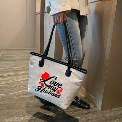 Love My Husband Gift for Wife Women Ladies Funny Printed Canvas Tote Bag Shoulder Shopping Bag Beach Bag Work Bag