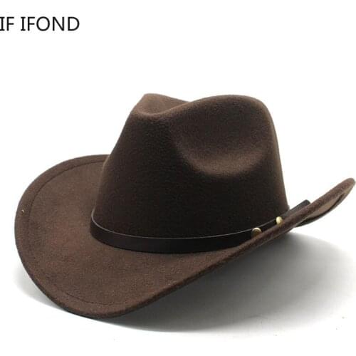 Unisex Vintage Western Cowboy Cowgirl Felt Hat With Punk Belt Winter Autumn Panama Imitation Wool Jazz Cap