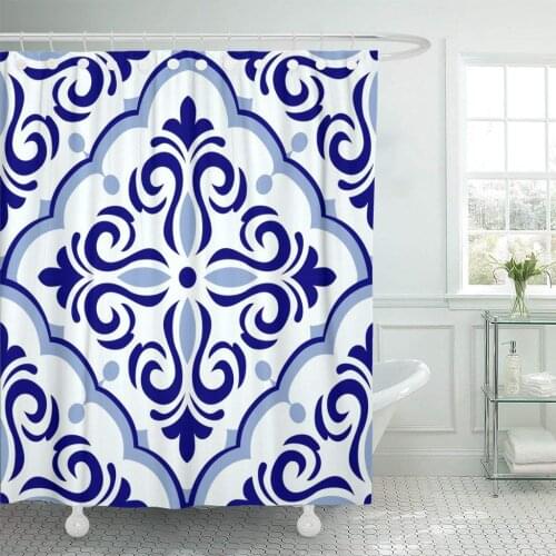 Vintage in Portugal Azulejo Patchwork Blue and White Colors Shower Curtain Waterproof Polyester Fabric 72 x 72 Inches Set