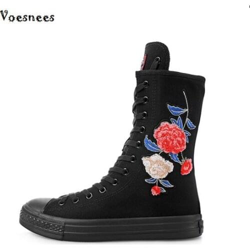 2019 Women Fashion High-top Zipper Embroider Flat Boots Long-barreled Casual Flat Canvas Boots Women Tall Punk Shoes Size 34-43