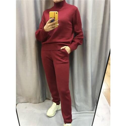 2020 O-neck Drawstring Wool Full Winter Womens Warm Cashmere 2 Piece Set Puff Sleeve Sweater + Casual Trousers Knit Suit Women