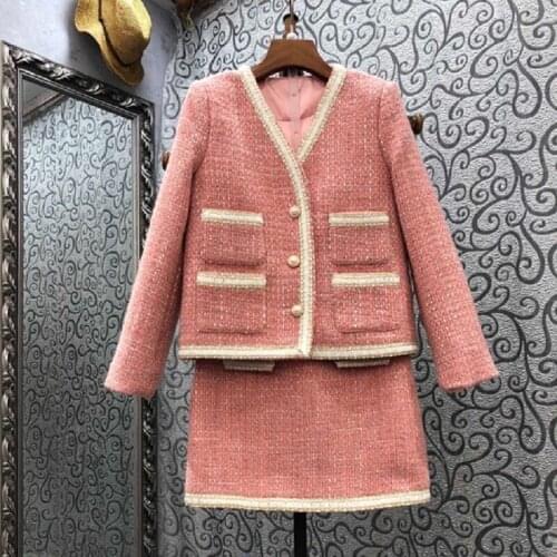 High Quality Tweed Wool Sets 2021 Autumn Winter 2 Piece Set Women Color Block Woolen Coats+Warm Woolen Skirts Sets Clothing