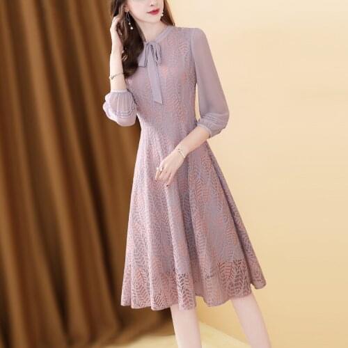 Women Purple Hollow Out Summer Chiffon Bow Dress Lace Fairy Female A-Line Half Sleeve Draped Casual Dress Three Quarter Sleeve
