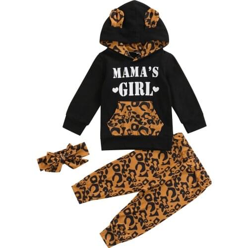 0-24M Baby Girl 3Pcs Fall Outfits, Letter Print Long Sleeve Hoodie + Leopard Pants + Headband Set