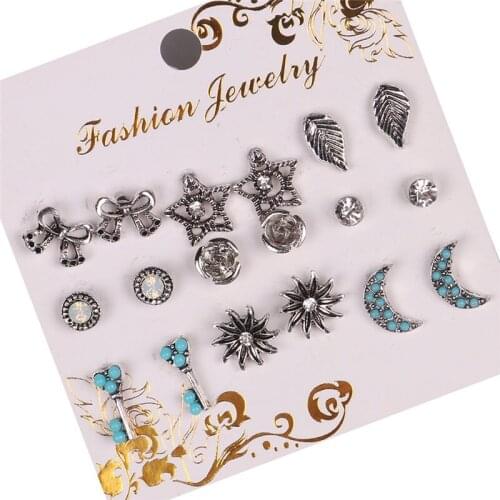 9Pairs Antique Style Star Moon Small Earrings Set Mixed Bohemian Trendy Crystal Stud Earrings For Women Brincos