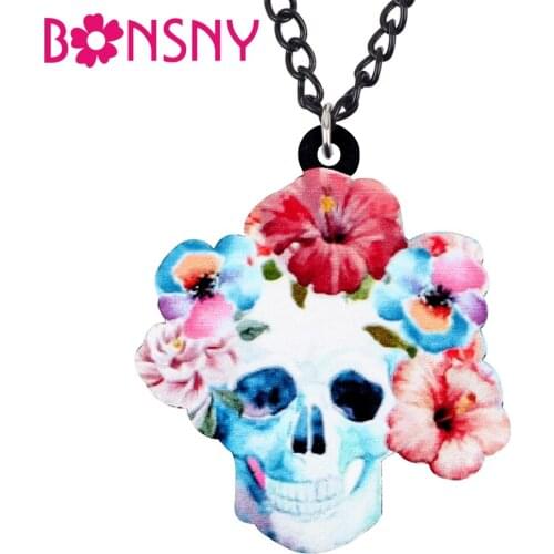Bonsny Acrylic Halloween Flower Skull Necklace Pendant Chain Choker Punk Trendy Jewelry For Women Girls Ladies Girls Party Gift