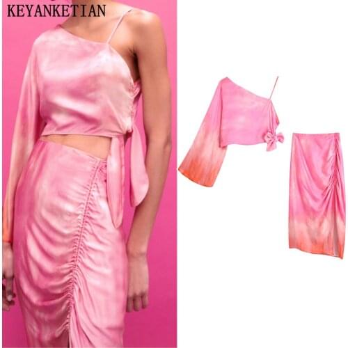 KEYANKETIAN Tie-dye asymmetric short top ladies shirt summer one-shoulder ladies top bow shirt Pleated decorative tie-dye skirt