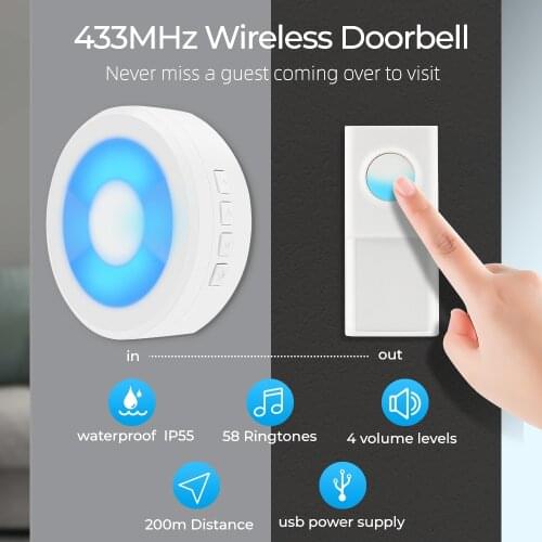 USB Powered Door Bell Home Smart Wireless 4 modes 58 Music Adjustable Ring Chime Call Button 433MHz IP55 Waterproof Doorbell A