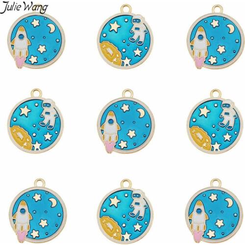 Julie Wang 10pcs Enamel rocket astronaut charm Pendant Bracelet Key Chain Creative Accessory Jewelry Making Craft DIY Findings