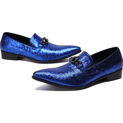 Italian Mens Pointed Toe Dress Shoes Slip On Glitter Men Loafers Big Size 38-47 Luxury Deep Blue Dance Party dress shoes For Men
