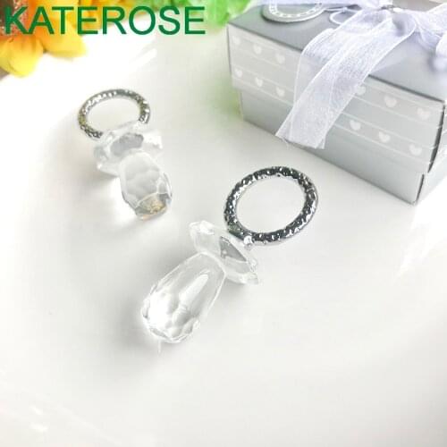 【KATEROSE】Clear Crystal Pacifier with Silver Metal Ring Baby Shower Favors Newborn Baptism Gift
