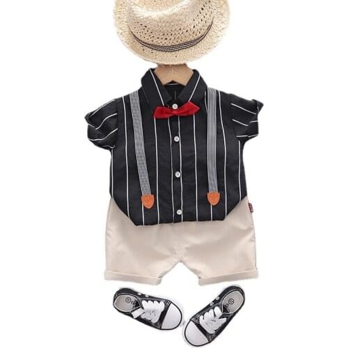 New Summer Baby Boys Gentleman Clothes Suit Infant Stripe Patchwork Bow Tie Shirt+Shorts Kids Girls Casual Fashion Clothing Sets