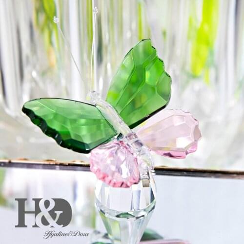 H&D Crystal Animals Ornament Glass Butterfly Figurine Cut Paperweight Decor Gifts For Her Collectible Statue Ornament Pink Green