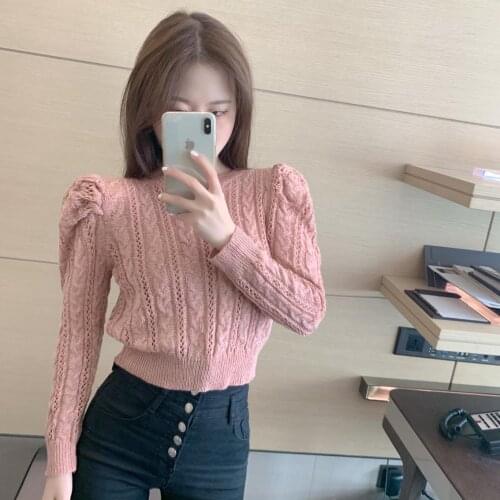 New season design ins small jacquard hollow-out sweater pure color languid is lazy wind round neck sweaters