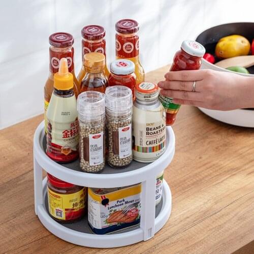 2 Layer Rotation Kitchen Organizer Storage Round Shelf Condiment Storage Rack Spice Drink Cosmetic Tray Kitchen Organizers