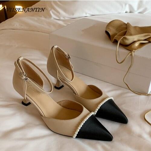 Spring and summer pointed-toe shallow mouth shoes color matching leather buckle pearl stiletto high heel sandals women