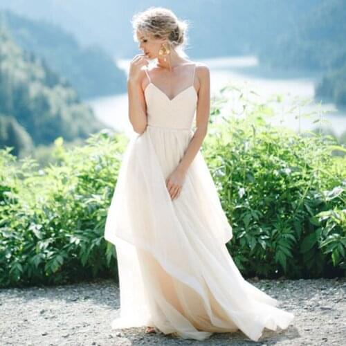 Modest Design Princess A Line Wedding Dresses Spaghetti Strap Pleats Top Tulle Sexy Backless Long Sweep Train Bride Dress