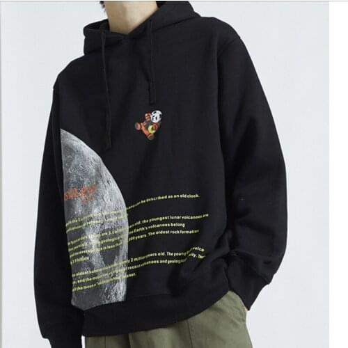 Japanese Cotton Hip Hop Space Panda Moon Print Fleece Hoodies Sweatshirts Streetwear Men Harajuku Casual Hooded Hoodie