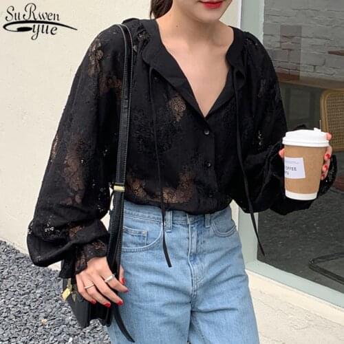 2021 Women Shirts Fashion Carved Lantern Long Sleeve Spring Autumn Loose Blouse Cardigan Clothes Black Lace Shirt Tops 10202
