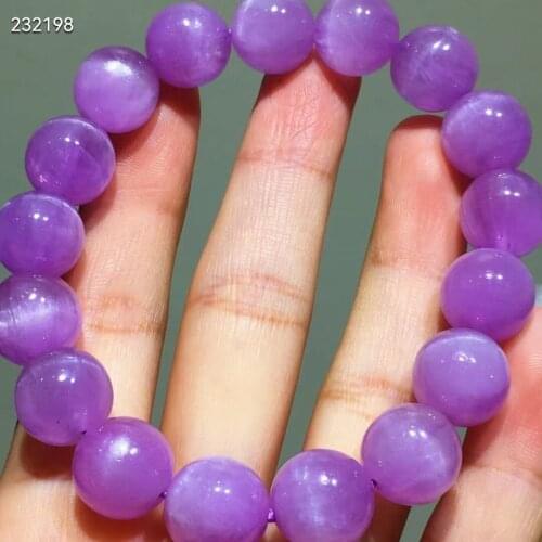 Natural Purple Kunzite Cat Eye Women Stretch Bracelet 12.3mm Crystal Round Bead Bracelet AAAAA