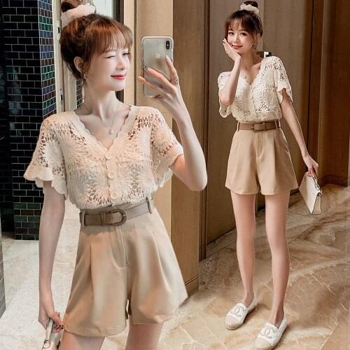 Women 2021 Summer Casual Hollow Out OL Shirt Shorts Suits Female V-neck Short Sleeve Tops & High Waist Wide Leg Shorts Set R150