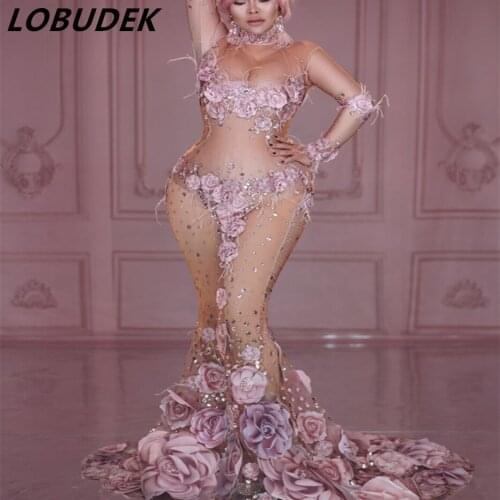 Fashion Design Sexy Perspective Pink-Purple Floral Crystal Mermaid Dress Evening Party Stars Singer Host Long Dress Costume